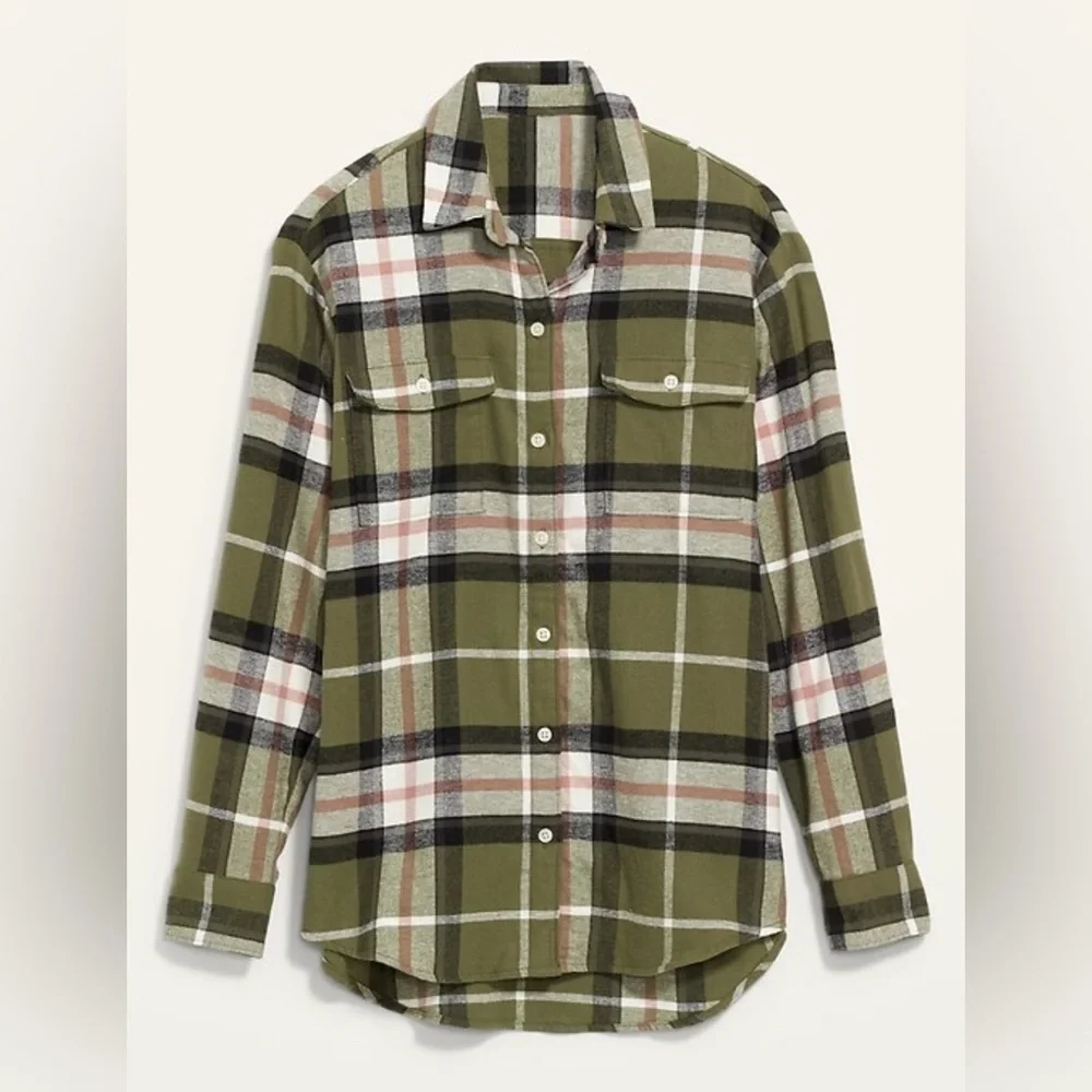 Old Navy Oversized Plaid Flannel Boyfriend Tunic Shirt, Olive Plaid, size L - Picture 2 of 4